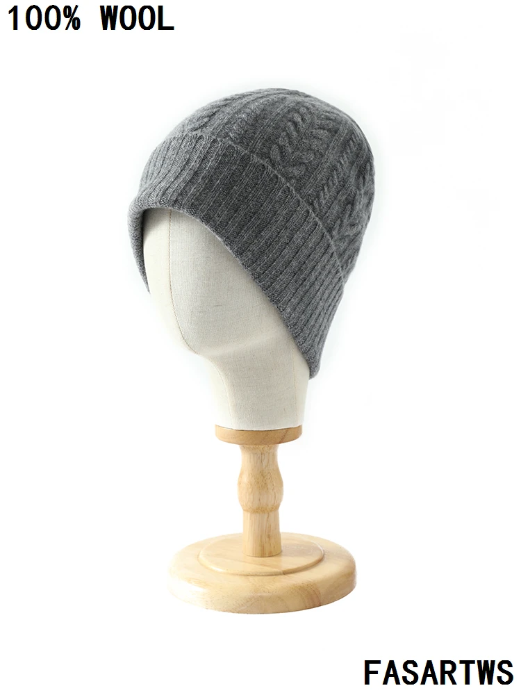 

FASARTWS 100% Merino Wool New Knitted Hat Women/Men Casual Beanie Hats Thick Warm Cap Winter Outdoor Solid Jacquard Cap Unisex