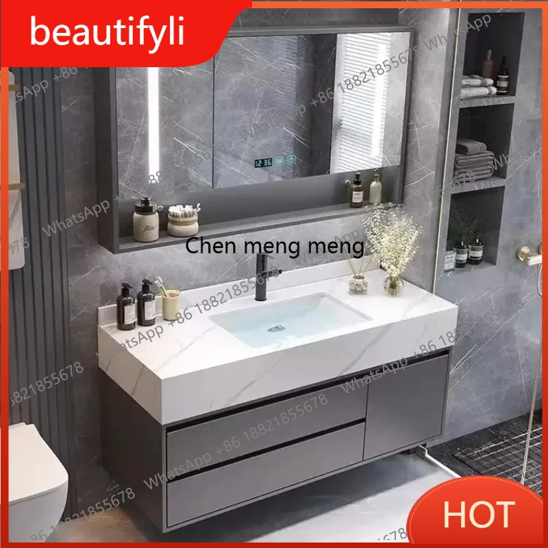 D80 Narrow Light Luxury Bathroom Cabinet Rock Slab Slim Solid Wood Bathroom Cabinets Washbasin Mobile Bagno Room Furniture