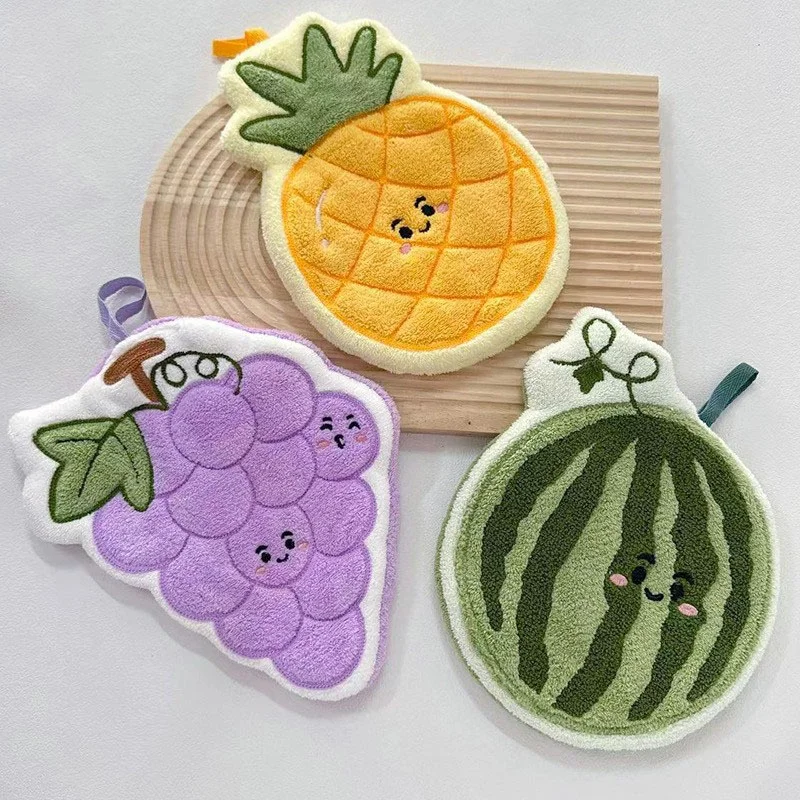 Lindo Toalla de Cocina Colgante con Diseño de Frutas, Absorbente, de Felpa de Coral, Pequeña Toalla de Regalo para Accesorios de Cocina