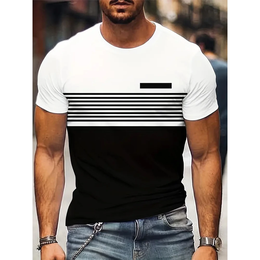 Men's New Short Sleeve T-Shirts Loose Fashion Black & White Striped Printed Tops Tees Comfortable Summer Short-Sleeved Blouse