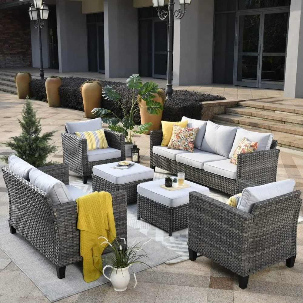 

ovios Patio Furniture Set, 6 Pieces Outdoor Wicker Rattan Sofa Couch with Loveseat, Ottomans and Cpmfy Cushions, Grey