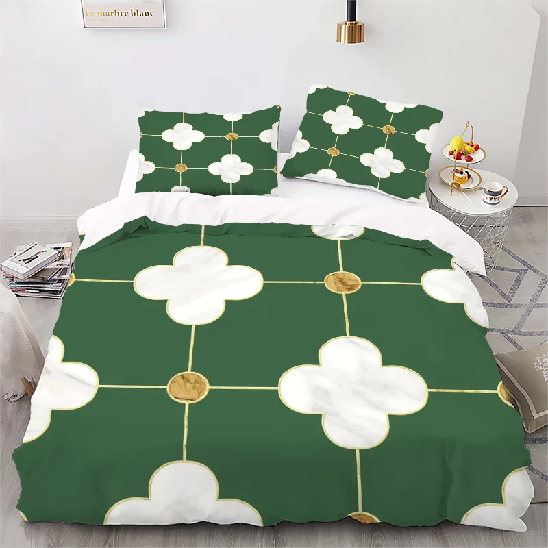 Green Four-leaf Clover Style Digital Printed Duvet Set - Polyester - Bedroom Decor -1 bed cover +2 pillowcase (no pillow core)