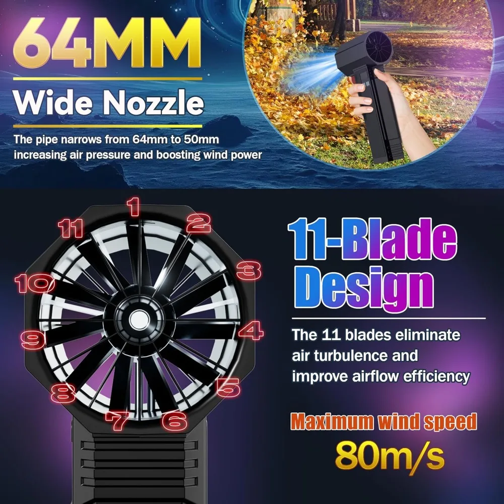 Ventilatore per asciugatrice per auto 660CFM/220MPH con condotto grande da 750 W e 64 mm, 4 velocità e modalità turbo, luce a LED