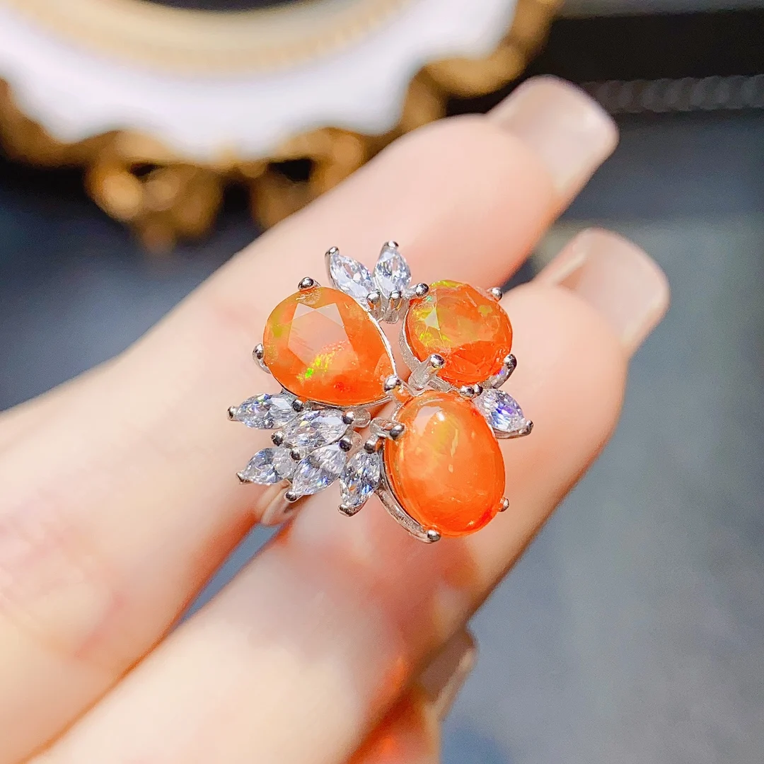 Beautiful Natural Orange Fire Opal Three Stone Ring 925 Sterling Silver Birthstone Fire Opal Engagement Promise Rings For Women