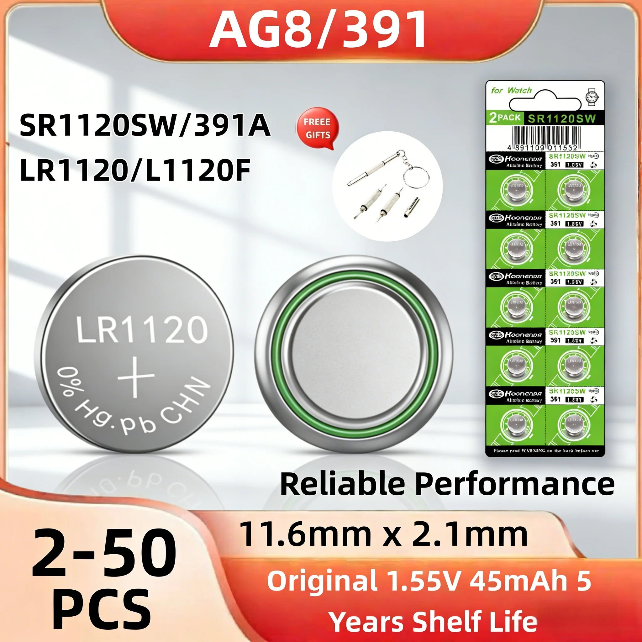 

2-50PCS AG8 1.55V 45mAh Button Batteries LR1120 391 SR1120 R1120W CX191 G8A 191 391A SR1120SW Coin Cell for Watch Toys Remote