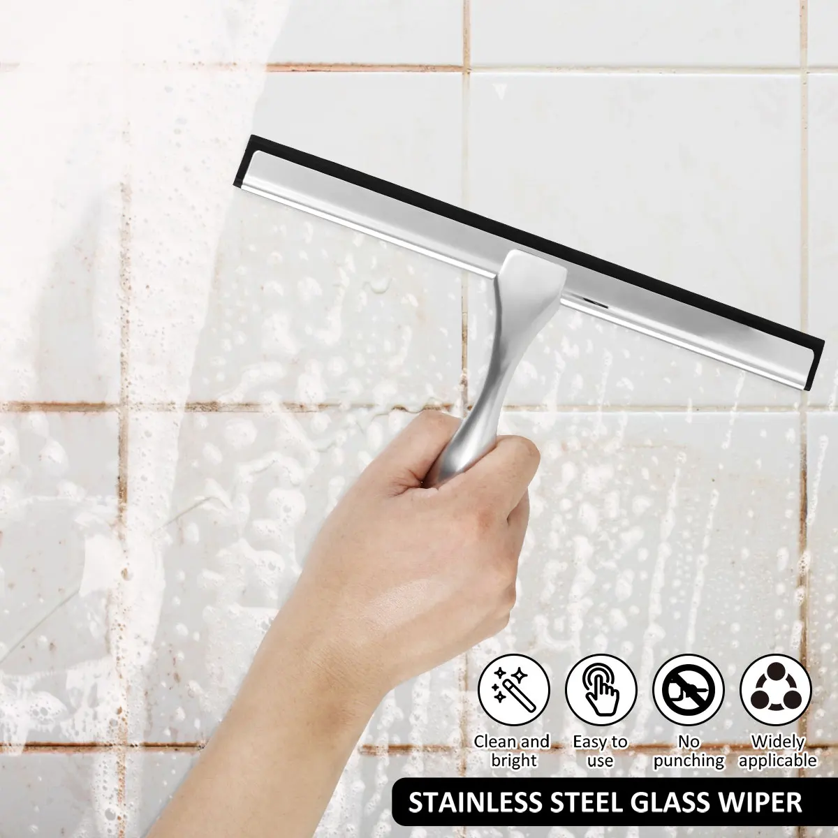 Stainless Steel Shower Squeegee with Suction Cup Window Glass Squeegee Multi-Purpose Cleaning Tool for Bathroom Kitchen Car