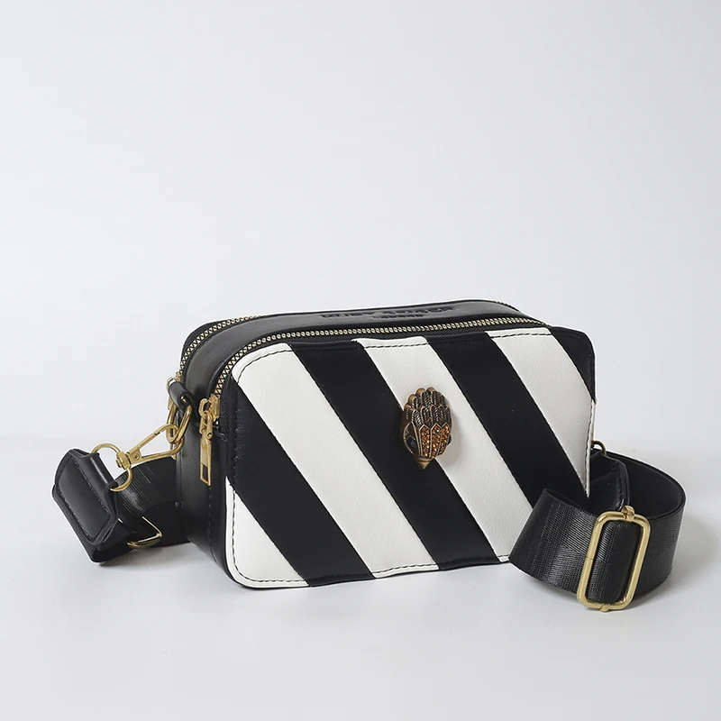 KURT GEIGER LONDON Fashion Camera Bags Ladies Black White Stripes Shoulder Bag Zip Letter Square Bag PU Leather Crossbody Bag