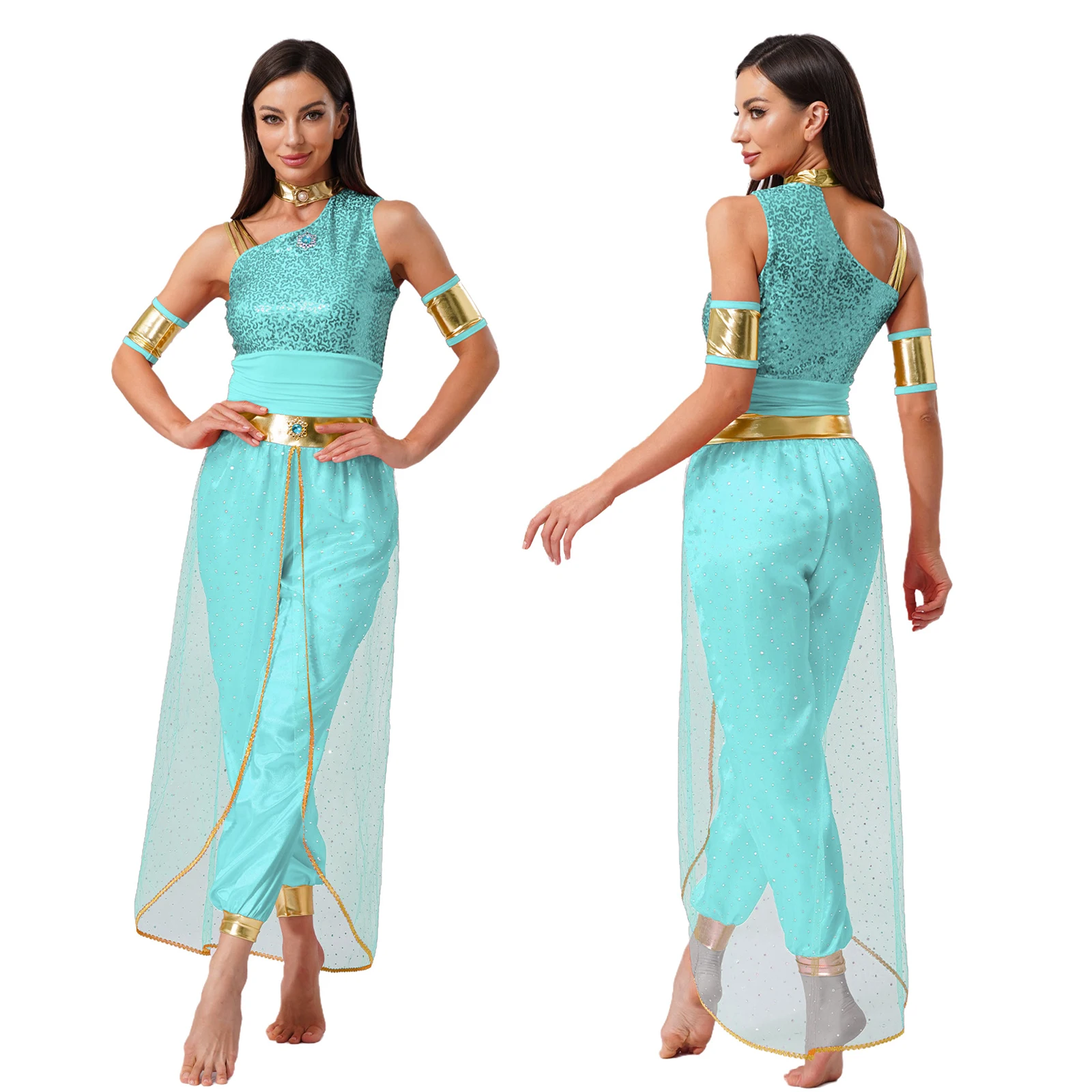 

Womens Cosplay Outfit Belly Dance Costume Arab Princess Style Shiny Tulle Jumpsuit with Gem Decor for Halloween Role Play