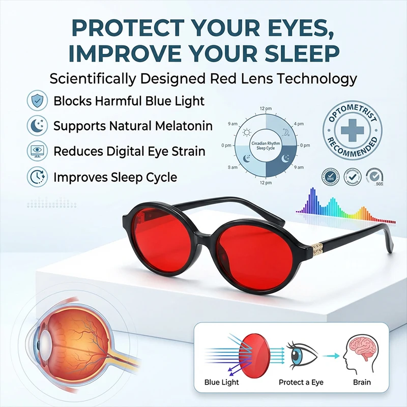 Anti Lumière Bleue Bloquant Mieux Dormir Lunettes 2026 À La Mode Ovale Lire Ordinateur Jeu Rouge Lentille Filtre Lunettes Photochromiques Nuances