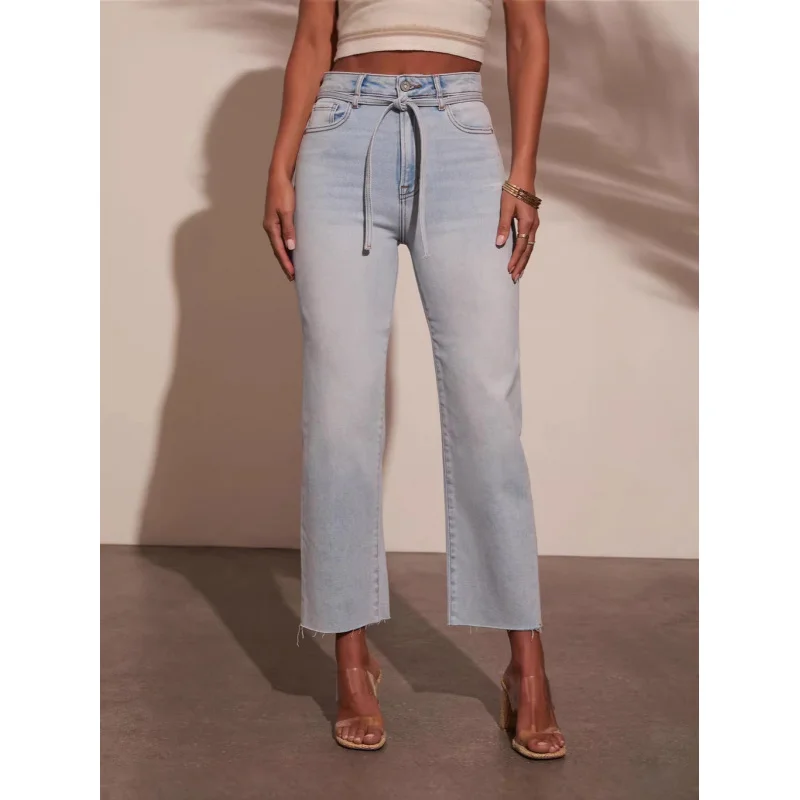 2026 High Waist Strap Washed Straight Leg Jeans for Women Fashion Casual Style
