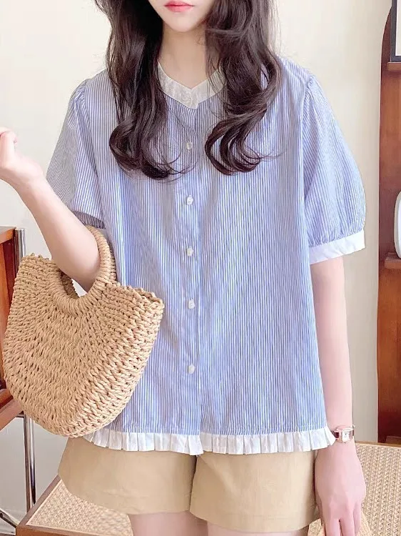 

Korean Style Women's Shirt Cotton Short Sleeve round Neck Striped Patchwork Hem Lace Detailing Casual Summer Top