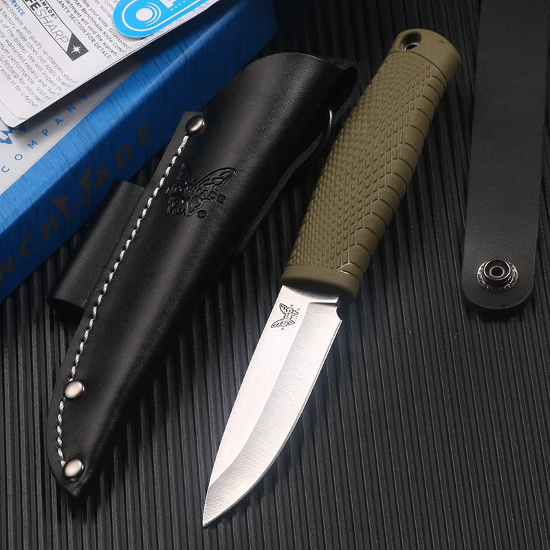 The straight blade CPM-3V blade, OD green Santoprene handle, black leather sheath is suitable for outdoor household use