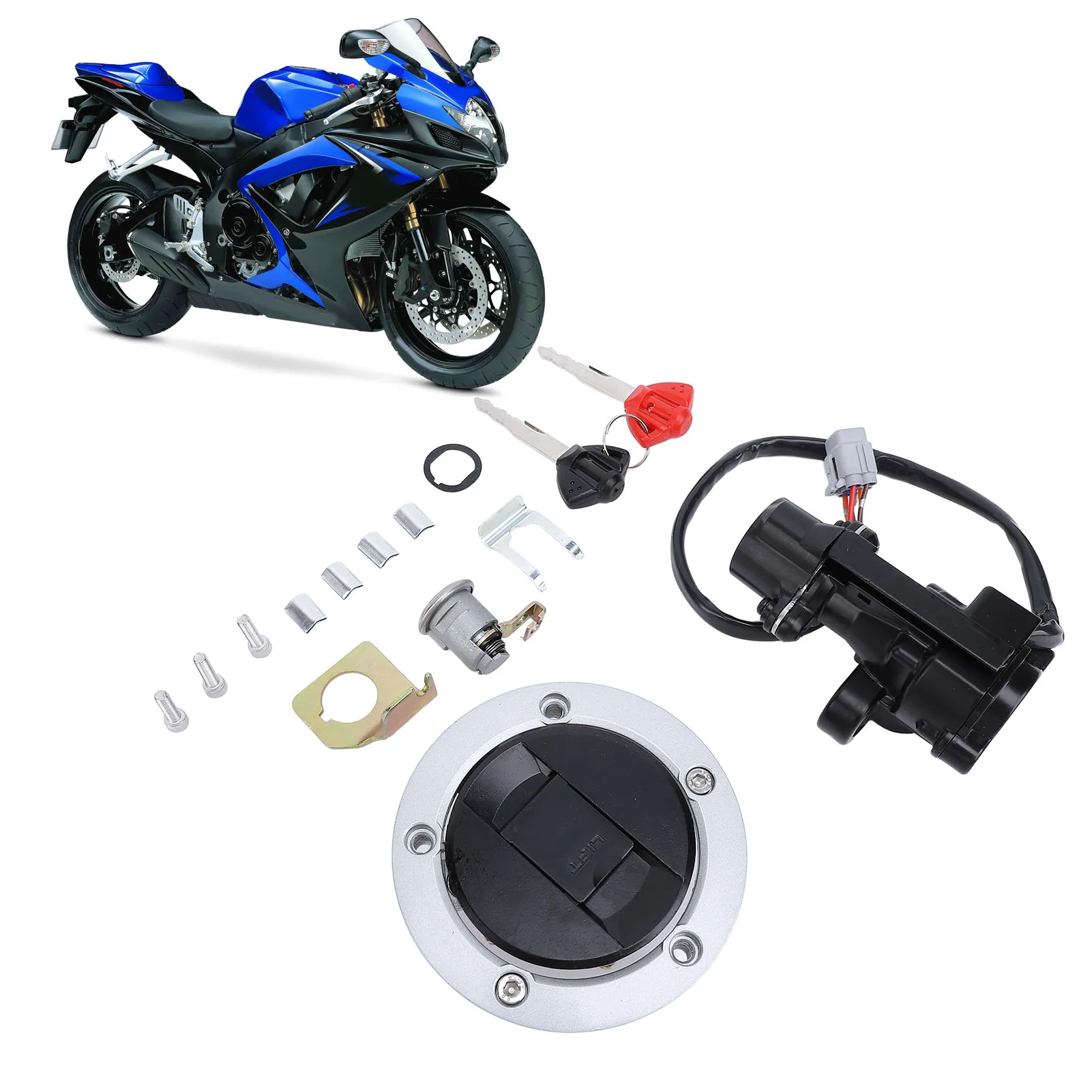 

Ignition Switch Fuel Gas Cap Seat Lock Set Metal ABS Replacement for Suzuki GSXR600 GSXR750 GSXR1000