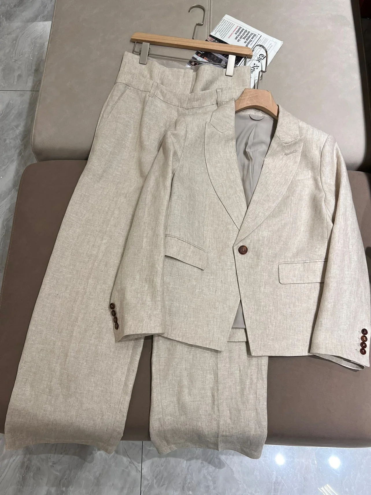 Women's Set 2024 New Autumn Winter Linen Tailored Collar Commuter Suit Coat or High Waist Straight Pants