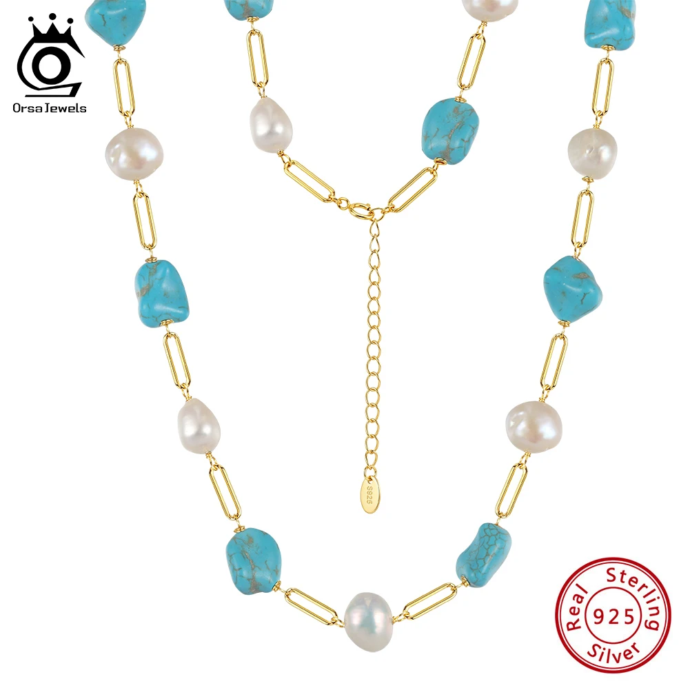 ORSA JEWELS Natural Pearls Beaded Necklace Party Gift 925 Sterling Silver Irregular Turquoise Choker Chain Fashion Jewelry MPN11