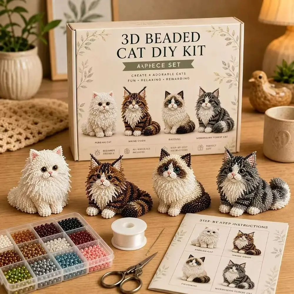 Handmade DIY Animal Bead Embroidery Kit Colorful Tiny Beadwork Art Craft Set Educational Cat Animal Crafting Set