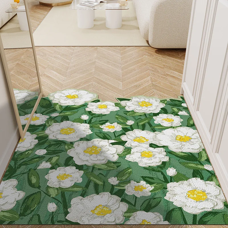 Floral Velveteen Microfiber Doormat Non-Slip Rubber Kitchen Garden Garage Floor Mat Entrance Rug for Household