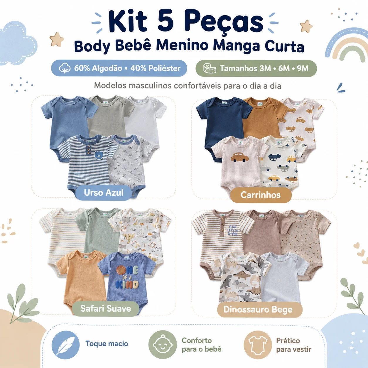 Kit 5 Bodies Bebê Menino Manga Curta 60% Algodão 40% Poliéster 3M 6M 9M Roupa Infantil