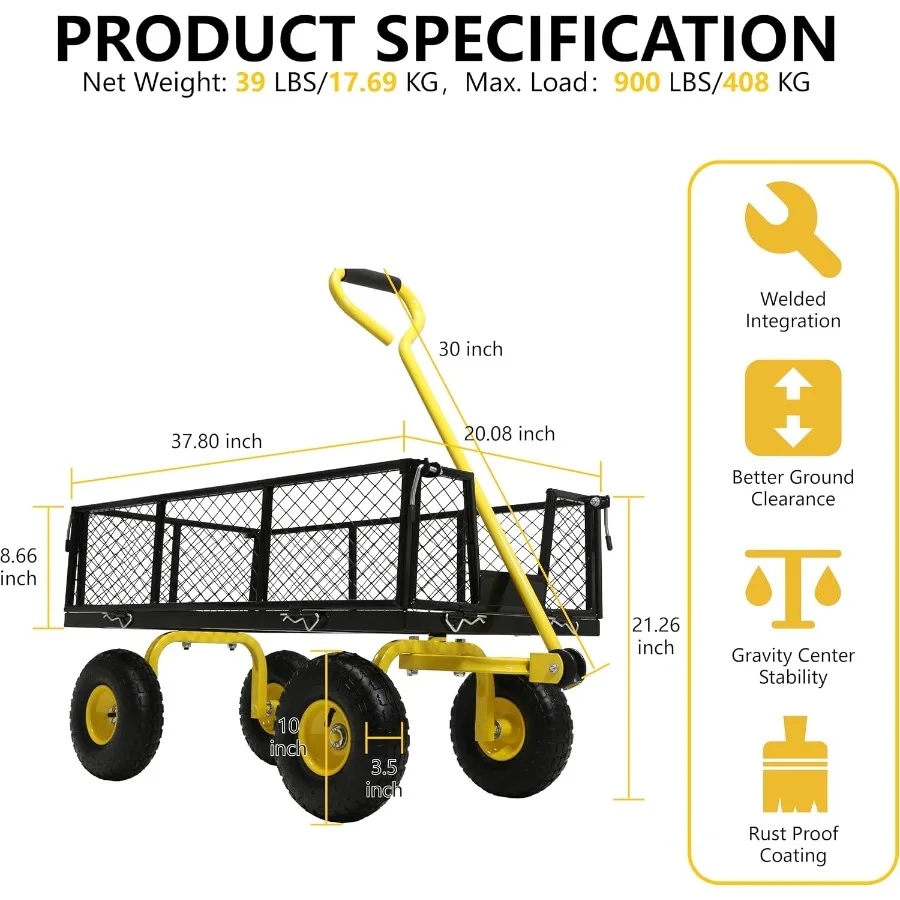 Steel Garden Cart, 2-in-1 Heavy Duty Utility Wagon 900 LBS Capacity Carts with Removable Mesh Sides to Convert into Flatbed, 24