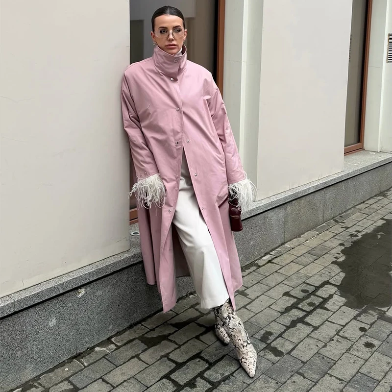 Damen Lange Jacken mit Stehkragen, Einreihige Oversize-Trenchcoats, Street-Style Damenmantel mit Langen Ärmeln, Einfarbig und Locker Geschnitten, Neue Oberbekleidung – Detail 24