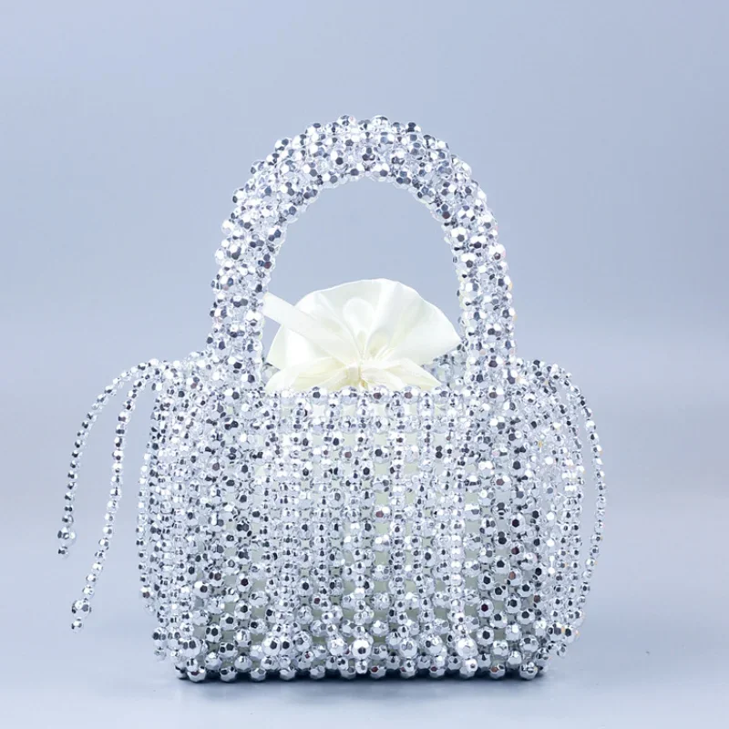 

Women's Fashion Retro Beaded Tassel Design Handbag Acrylic Silver Crystal Bag 2024 New Ladies Hand-woven Clutches сумка из бусин