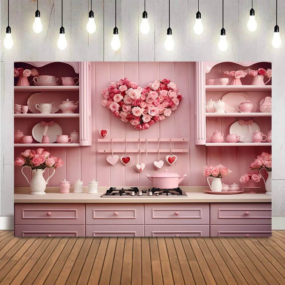 Valentine's Day Kitchen Photography Backdrop Girls Newborn Pink Flowers Background for Photo Studio Cake Smash Romantic Banner