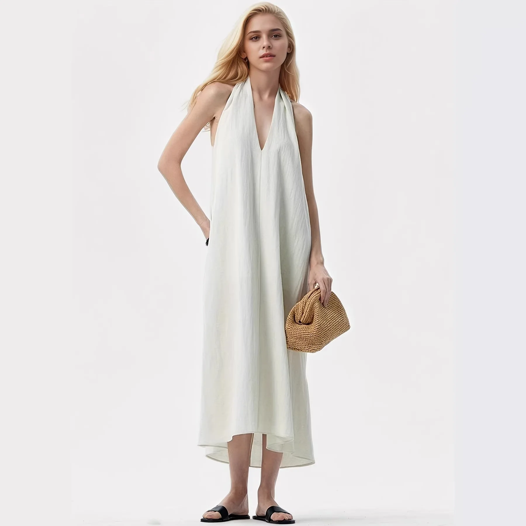 

2026 New Women's V Neck Halter Dress Casual Loose Vacation Style Summer Elegant Dresses