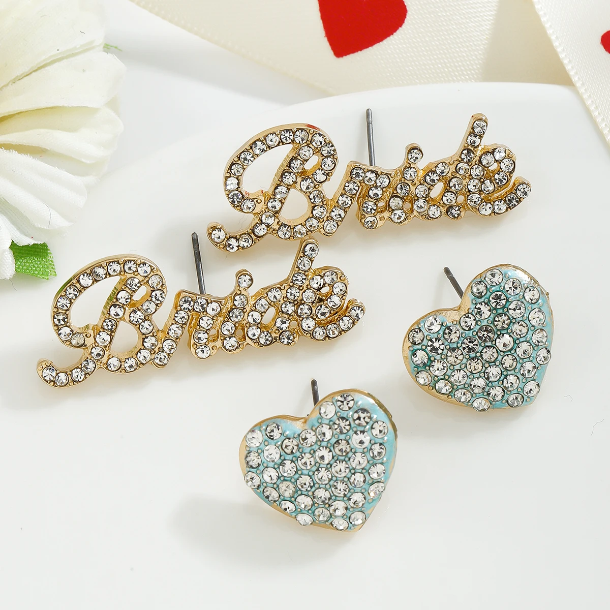 4PCS Wedding Season Rhinstone Metal Heart Letter Bride Stud Earrings Valentine's Day Romantic Luxury Accessory Lover Gifts