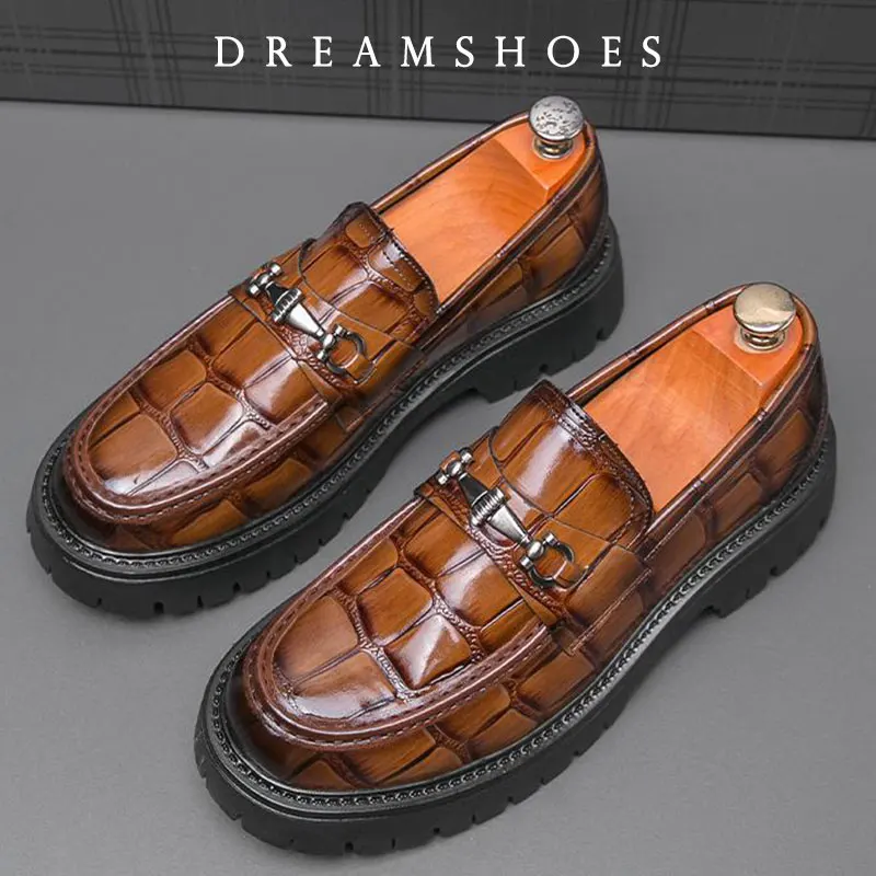 عالية الجودة الرجال جلد التمساح مريحة سميكة سوليد ديربي أحذية الربيع الرجال الرجعية الانزلاق على الأعمال أحذية من الجلد عادية #1