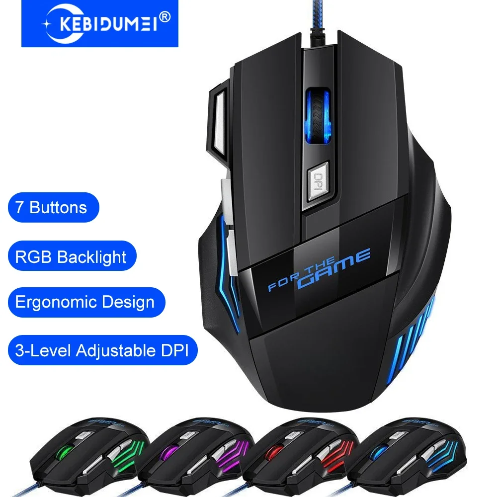 KEBIDUMEI Wired Gaming Mouse 7 Buttons RGB Backlit Mouse Ergonomic USB Mouse 2400 DPI 3 Level DPI For PC Laptop Windows Mac OS