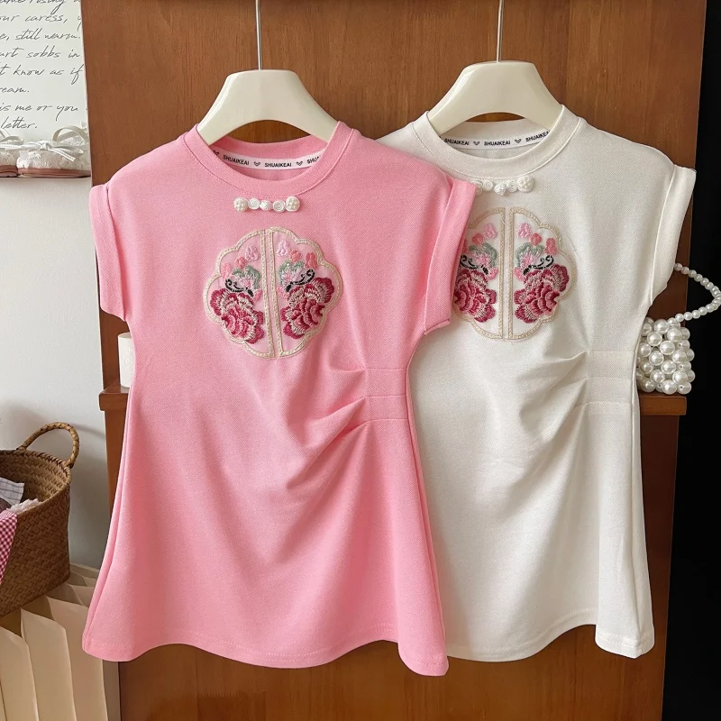 

2024Summer New Girls' Short-Sleeved Embroidered Elegant Comfortable Mid-Length Children Shirt24135