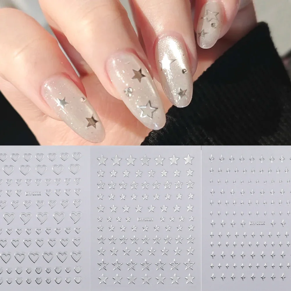 6 Sheets Metal Silver Nail Stickers Metallic 3D Star Nail Art Stickers Decals Self-Adhesive Nail Art Stickers Metal Chain Heart