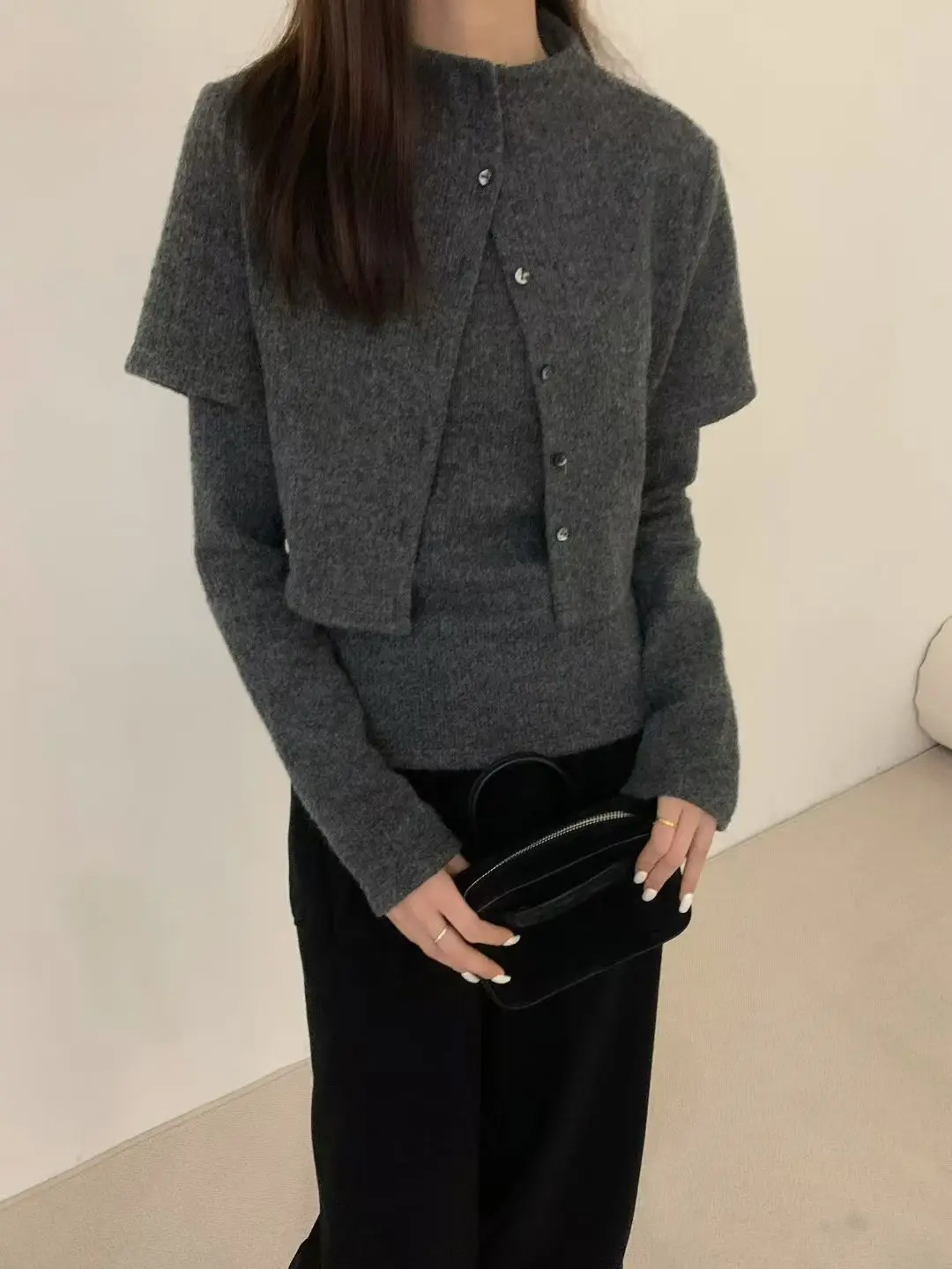 Autumn Knitted Set Short Sleeve High Collar Slim Fit Long Sleeve Knitwear Ensemble Pure Color Casual Outfit