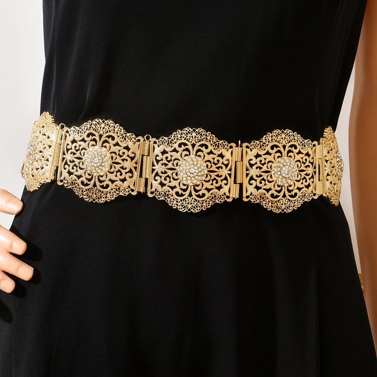 

Moroccan Bridal Vintage Ethnic Belt - Gilded Filigree With Sparkling Crystal Florals For Regal Wedding Gown Elegance