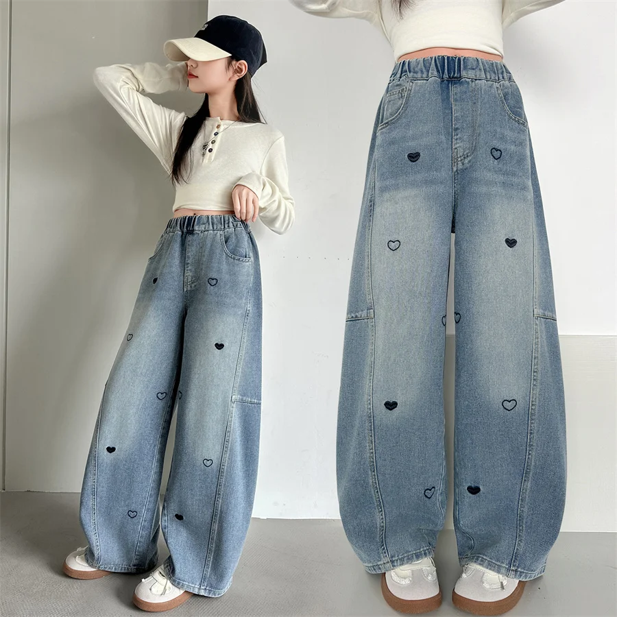 

Stylish New Spring Children Baggy Jeans with Hearts Embroidery for Teenage Girl 5 6 8 10 11 12 13 14 Yrs Kids Casual Denim Pants