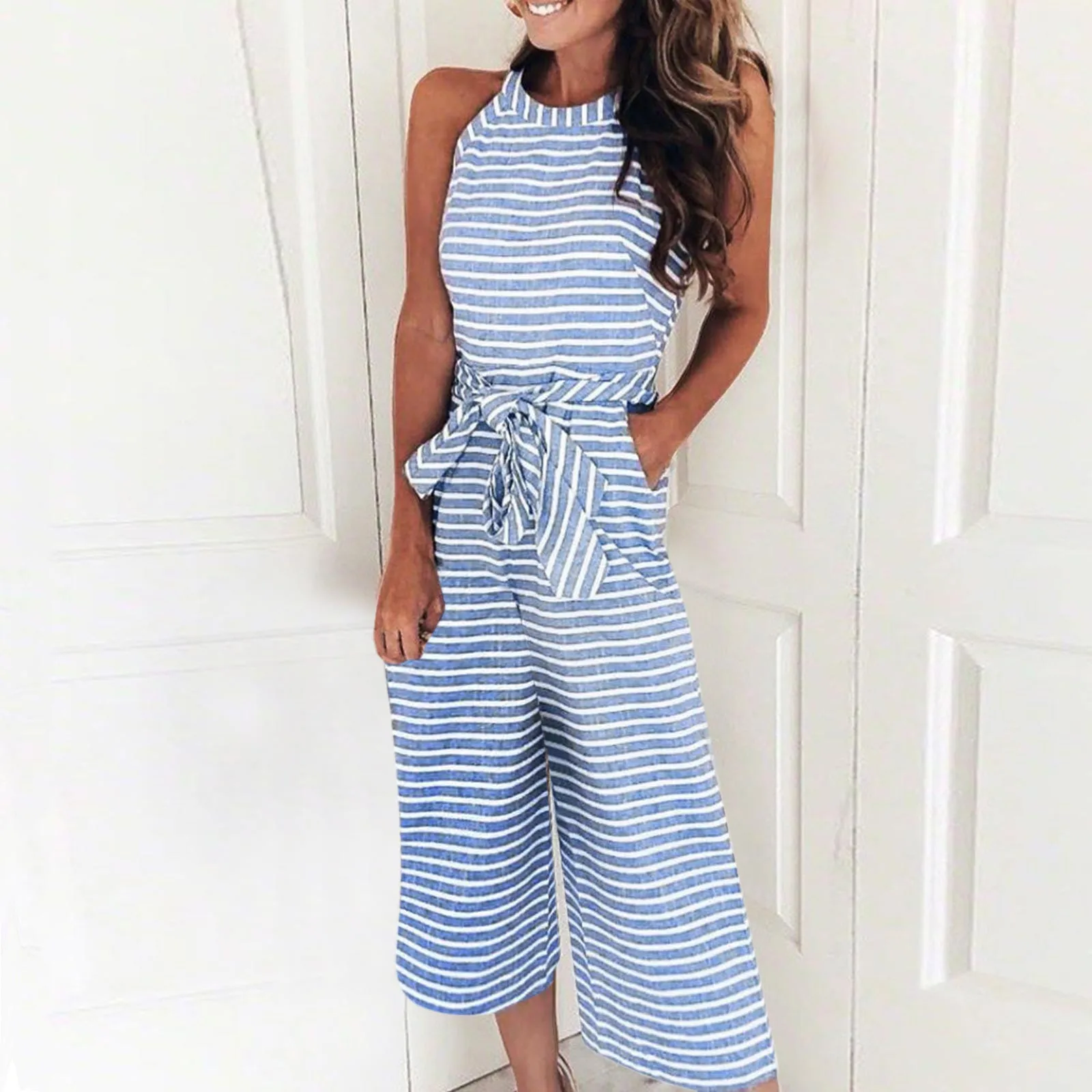 

Women Elegant Jumpsuits Round Neck Sleeveless Striped Lace-Up Casual Wide Leg Trousers Loose Fashion Belted Overalls Outfit