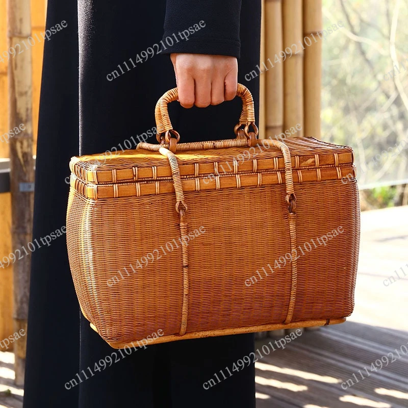 Bamboo woven tea box portable travel tea set storage bag portable rattan box retro handmade basket tea cage