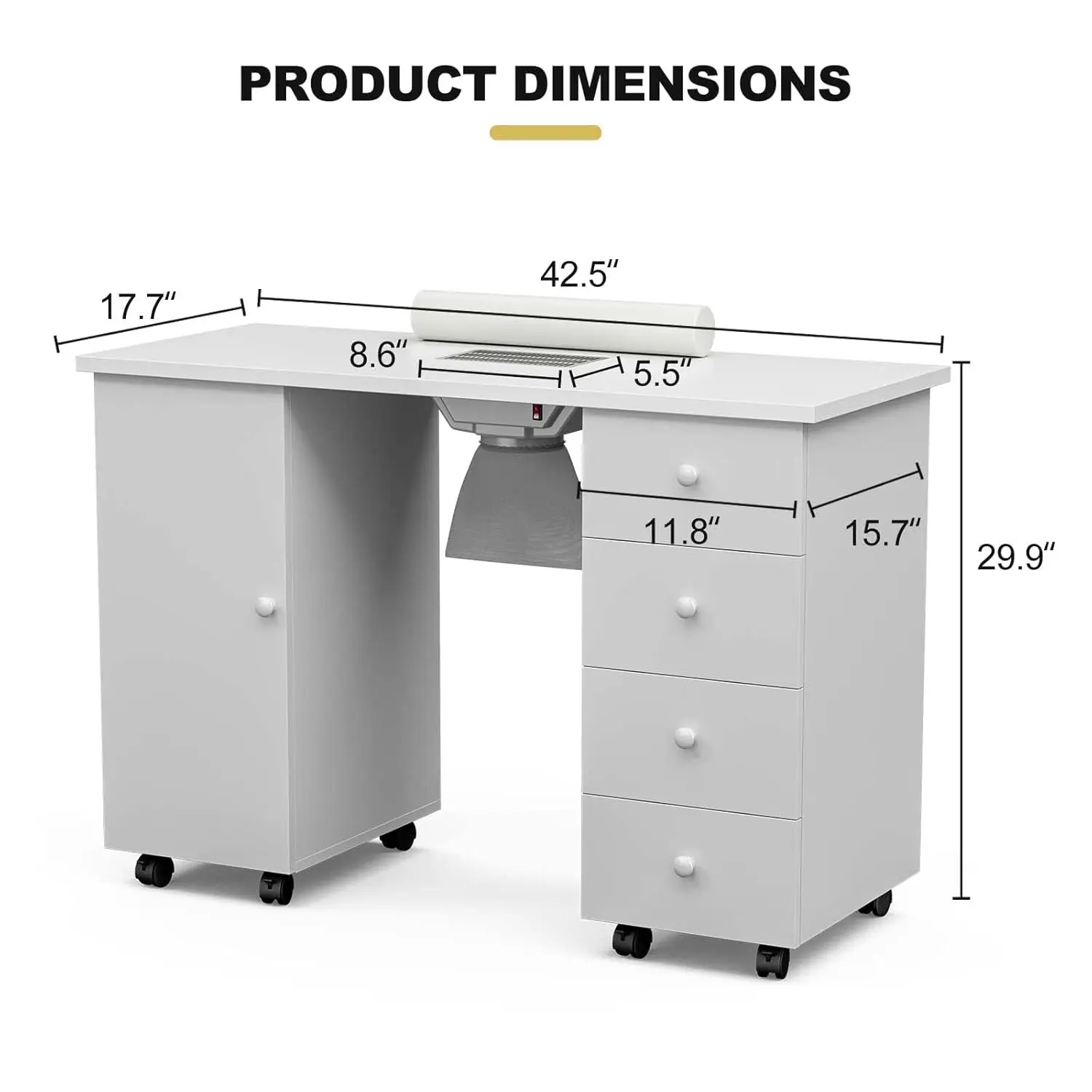 Paddie Manicure Table Nail Station, Nail Desk Workstation Nail Art Equipment w/Electric Downdraft Vent, Wrist Cushion,