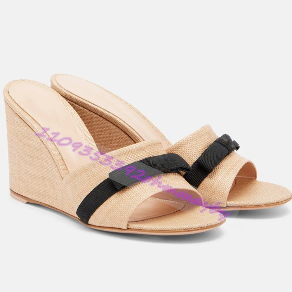 Women'S Beige Woven Wedge Mules Open Toe Slip-On Sandals Raffia Bow Decor Platform Slides Summer Casual Beach Vacation Shoes 46