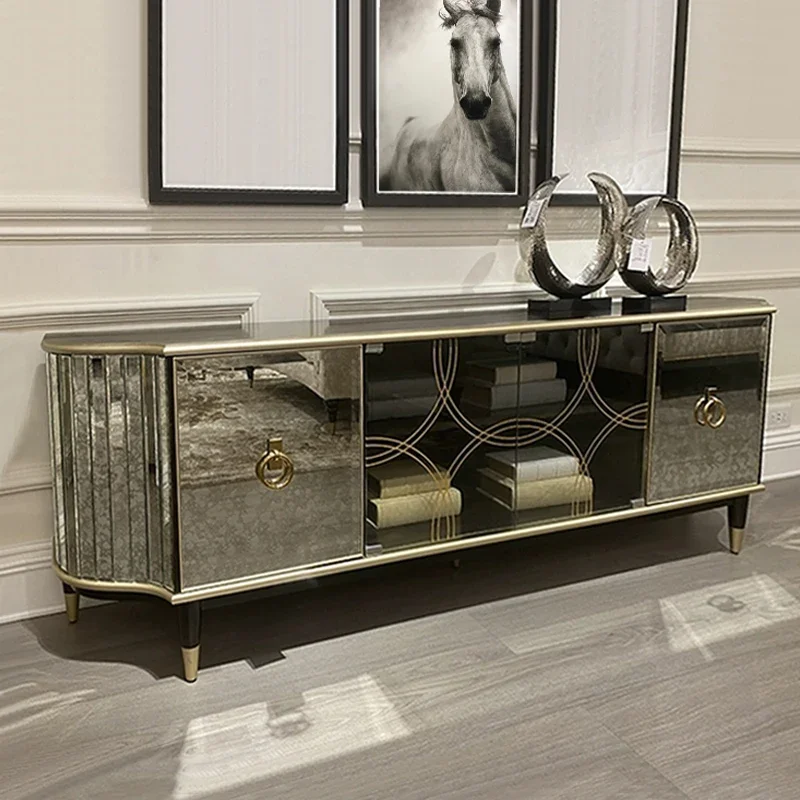 

American TV Cabinet Light Luxury Living Room Vintage Glass Decorative Sideboard Cabinet New Classical Audiovisual Cabinet