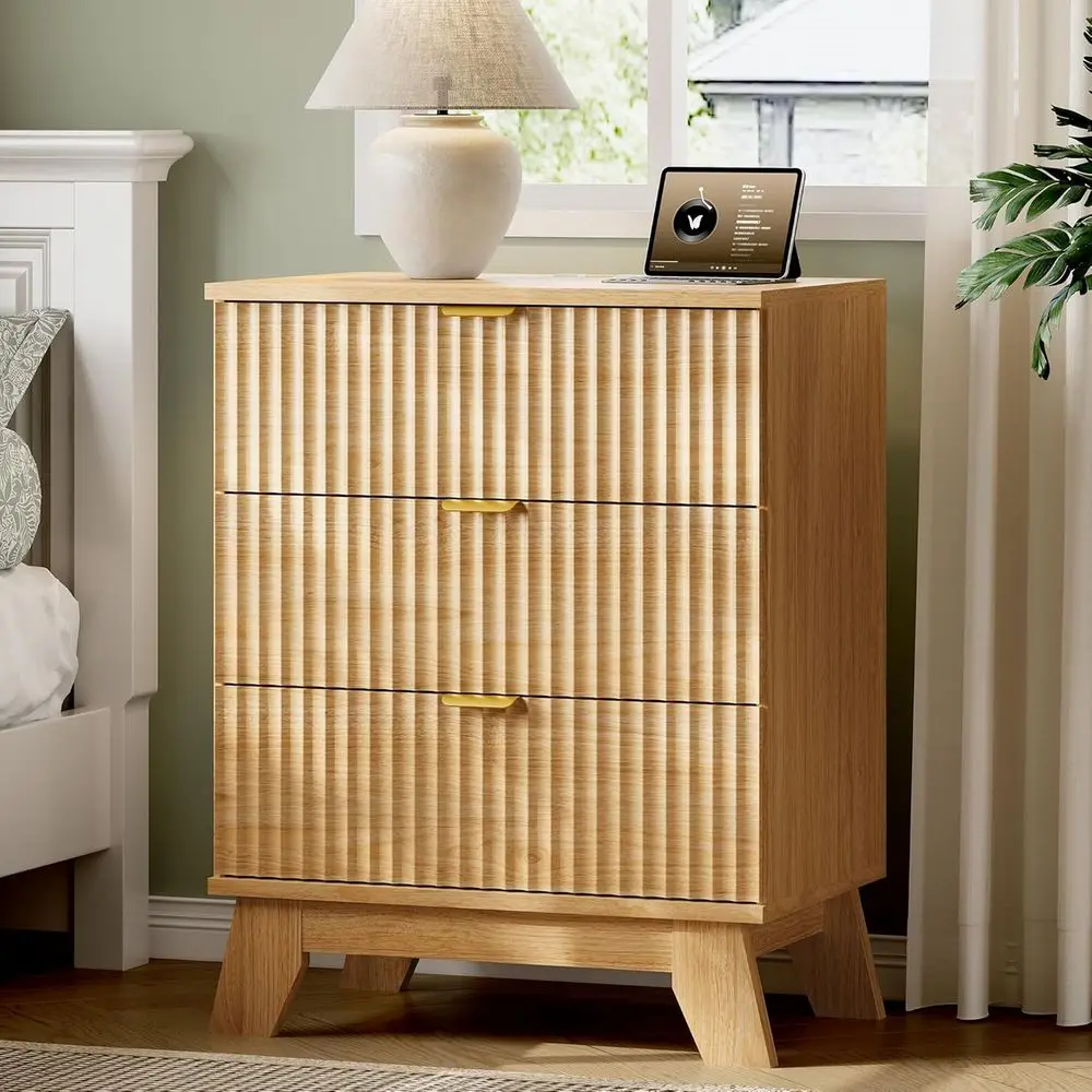

24 Wide Oak Nightstand with Charging Station & 3 Drawers for Bedroom, Living Room, or Dorm