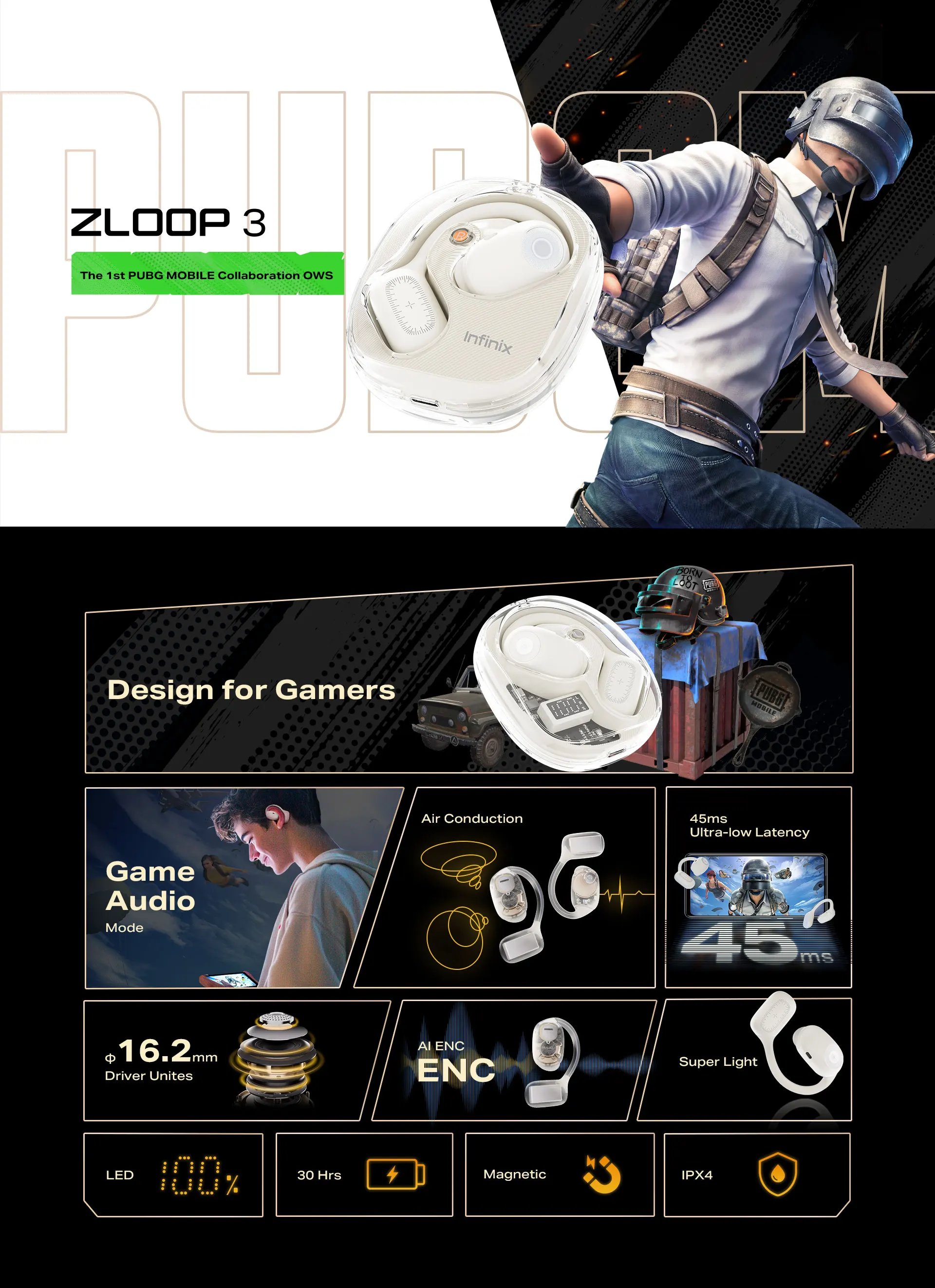 سماعات أذن Infinix ZLOOP 3 للألعاب المفتوحة لـ PUBG Bluetooth 5.3 45ms الكمون المنخفض 30H عمر البطارية AI ENC إلغاء الضوضاء