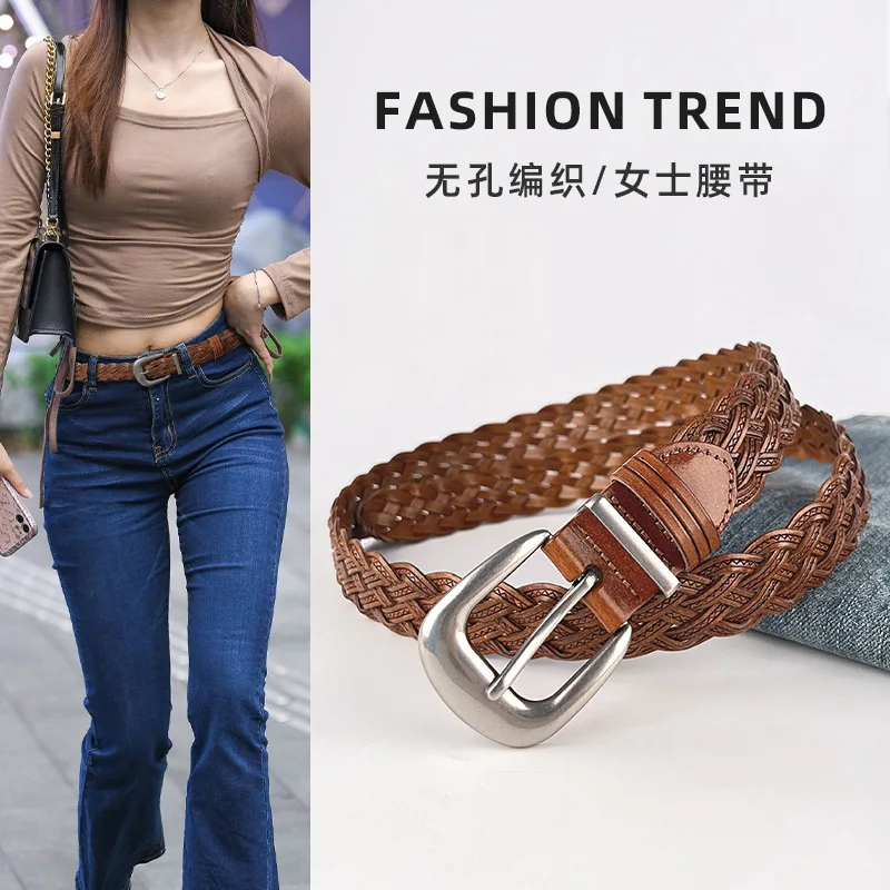 西洋風編み込みレザー、ブランペーパー、スライバーピンバックル付き女性用ベルト、レディース向けファッション織りベルト
