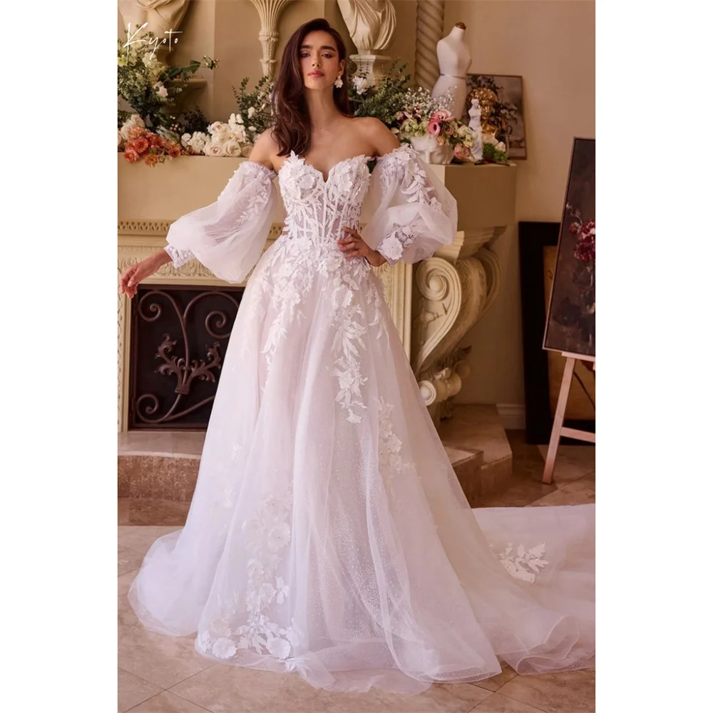 

Kyoto Customize Elegant Lace Flowers Low Back Wedding Dress A-Line Puffy Sleeves vestidos de novia Long Train Evening Dresses