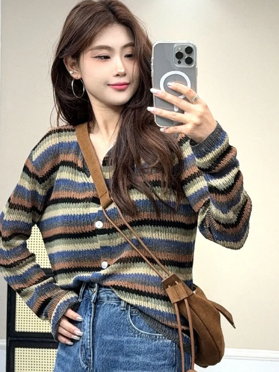 

Корейский трикотаж в полоску в стиле ретро, женский осенний новый ленивый модный открытый кардиган, модная верхняя одежда