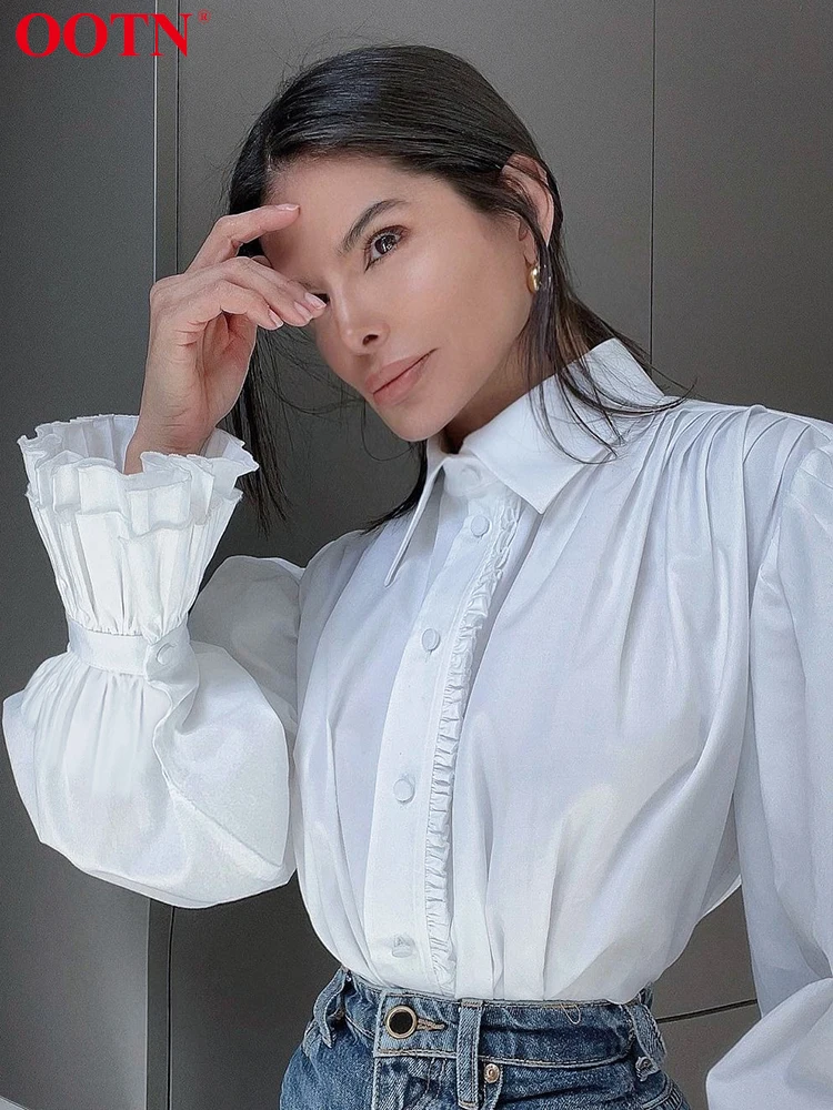 OOTN Elegant Puff Sleeve White Shirts Female Street Chic Ruffles Turn Down Collar Blouse Women Casual Long Sleeve Lady Tops 2023