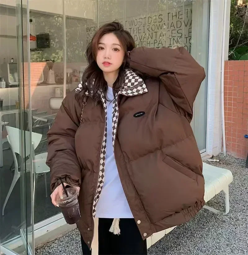 Vintage Argyle Thick Woman Parka Short Top Winter Warm Long Sleeve Turn-down Collar Jack Zipper Casual Hipster Lady Padded Coat