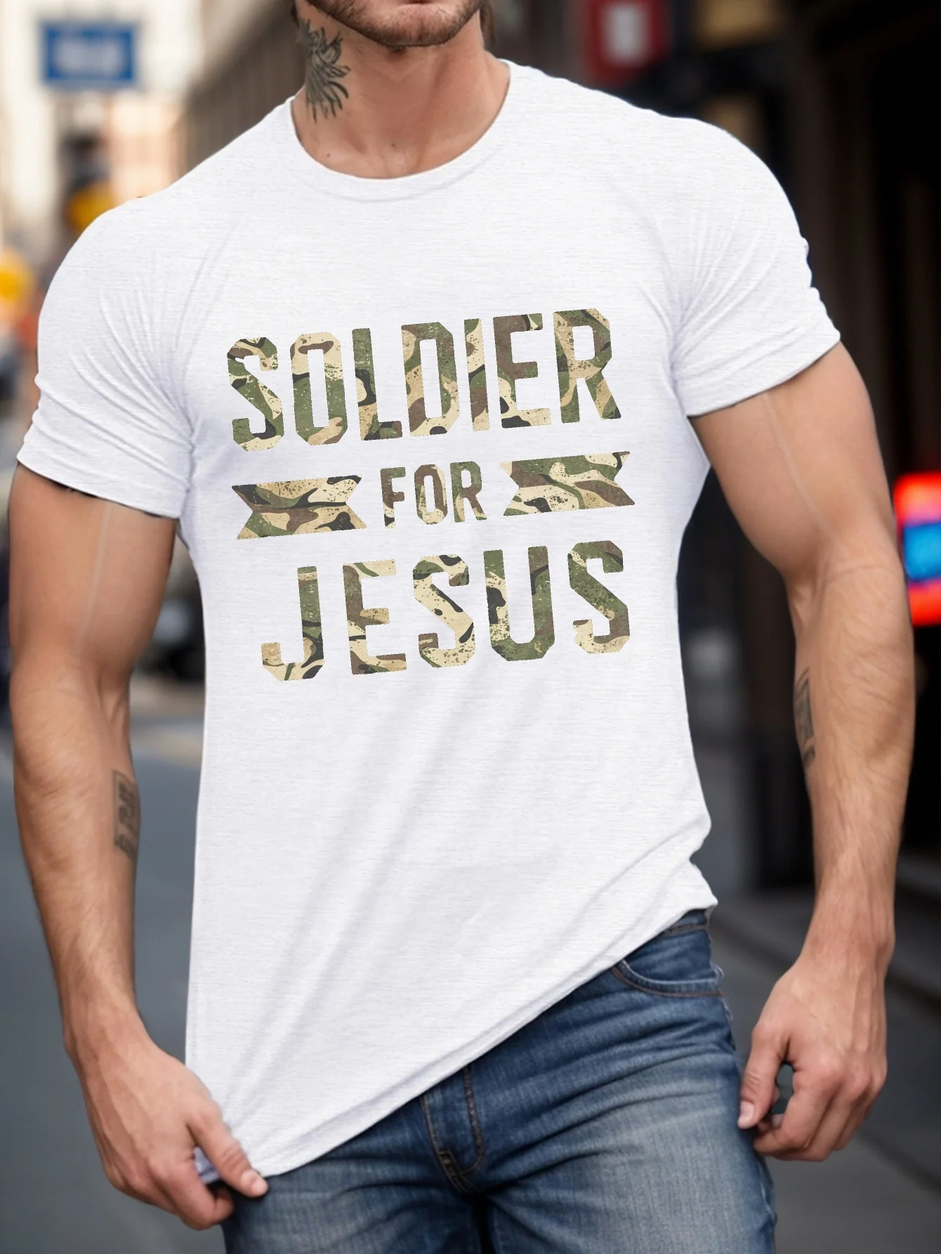 T-shirt imprimé camouflage "Soldat for Jesus" pour hommes – T-shirt décontracté noir à manches courtes avec lettrage doré et blanc
