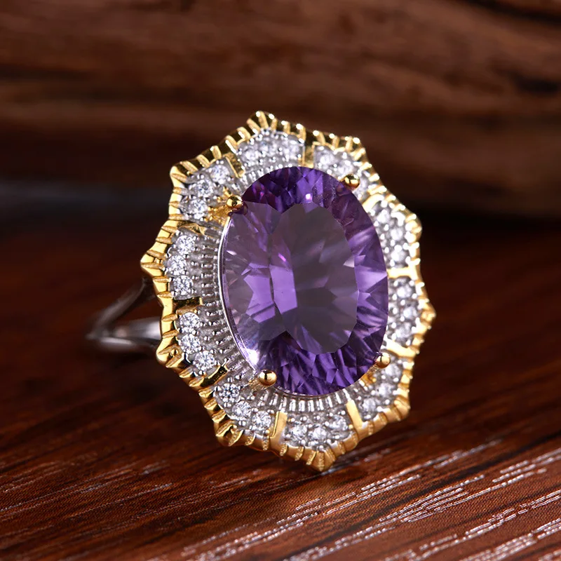 

CustomizationS925Pure Silver Natural Amethyst Malachite Gemstone Ring for Women, Unique and High-end Style, Hot Item