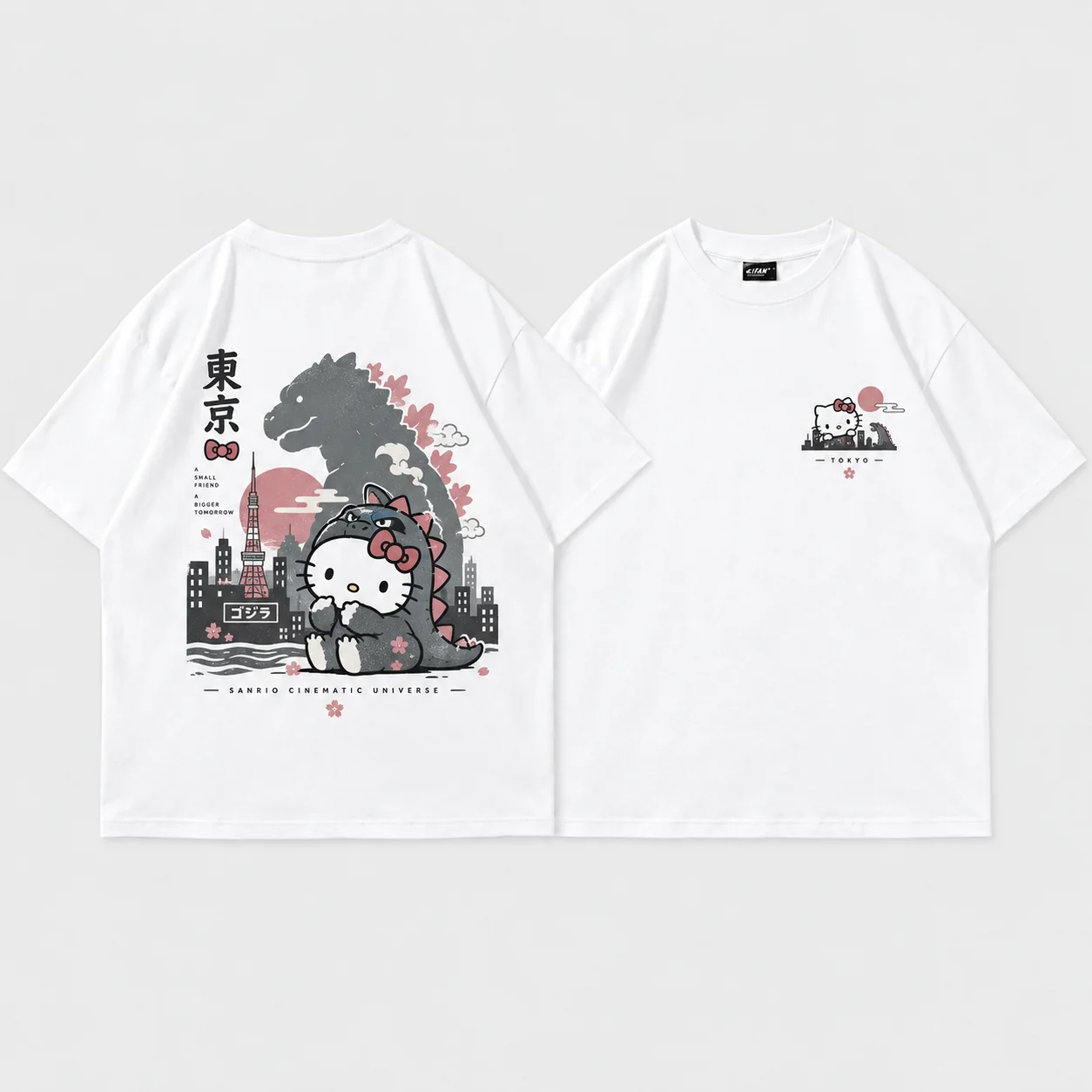 White Tee Men's Women's Sanrio Hello Kitty Godzilla Parent Child Japan Cute Cool Art Print Oversized Short Sleeve Streetwear Top